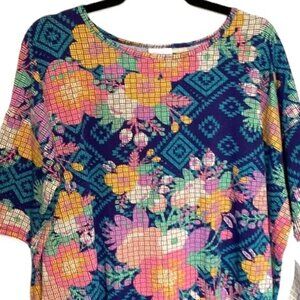 LuLaRoe Irma Tunic Top Shirt Large Floral Flowers Pink Blue Green Yellow